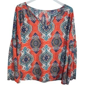 Cremieux Womens Orange Blue Paisley Bell Sleeve Split V-Neck Blouse Size M USA